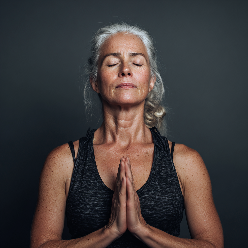 Mature woman in peaceful meditation pose during yoga practice